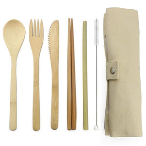 7-Piece Bamboo Cutlery Set with Straw, Brush and Protective Cloth Bag