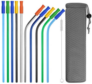 Reusable Stainless Steel Drinking Straws, Bent or Straight, Cleaning Brush, Protective Case