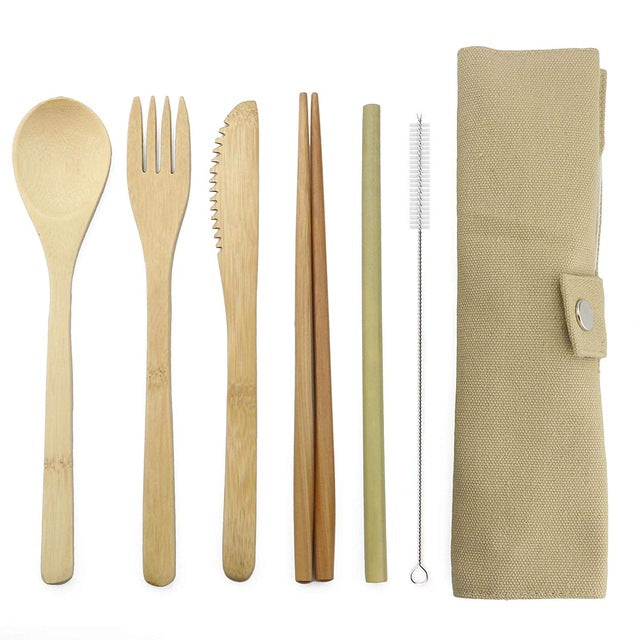 7-Piece Bamboo Cutlery Set with Straw, Brush and Protective